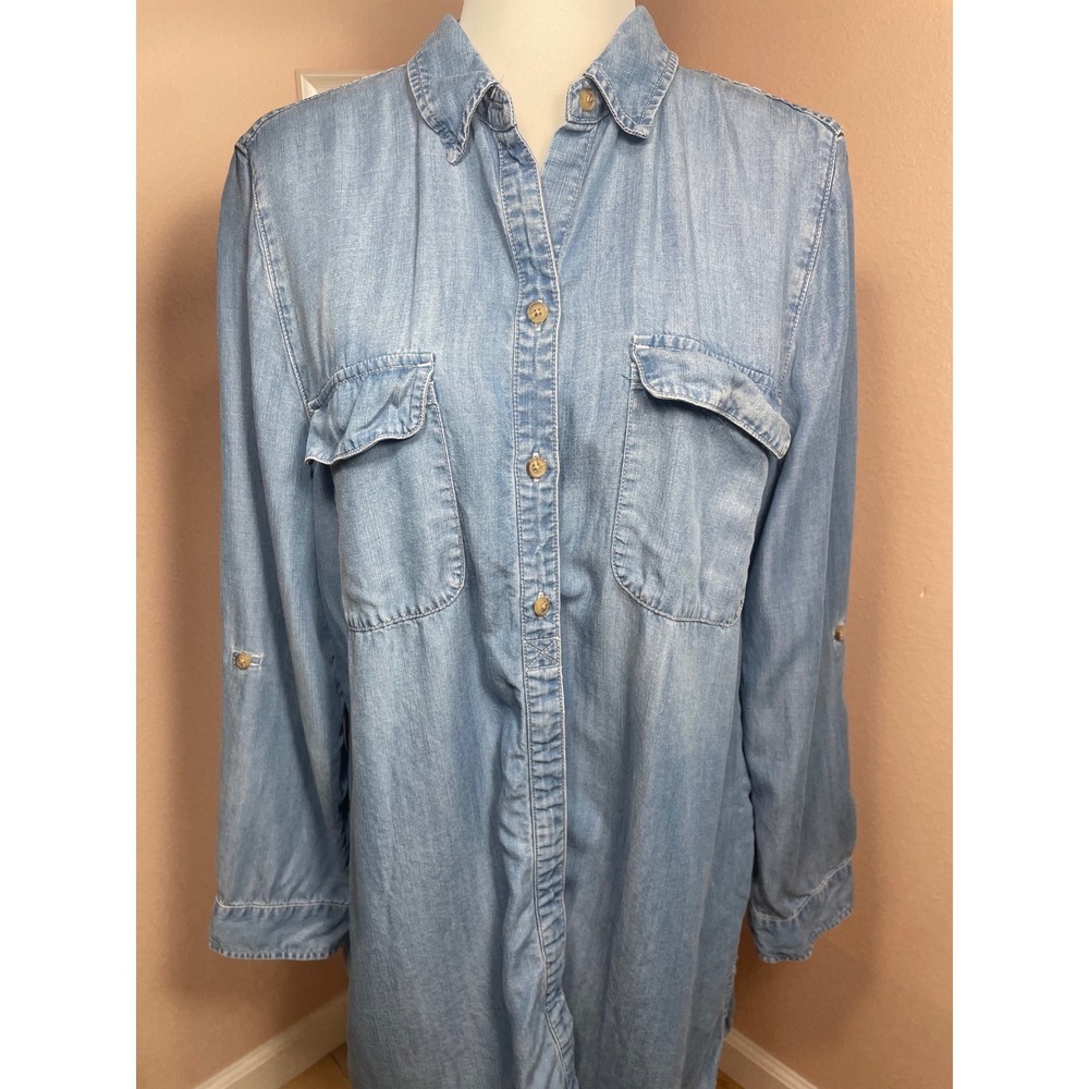Chicos Blue Tencel Lyocell Denim Chambray Button Down Dress Size 2